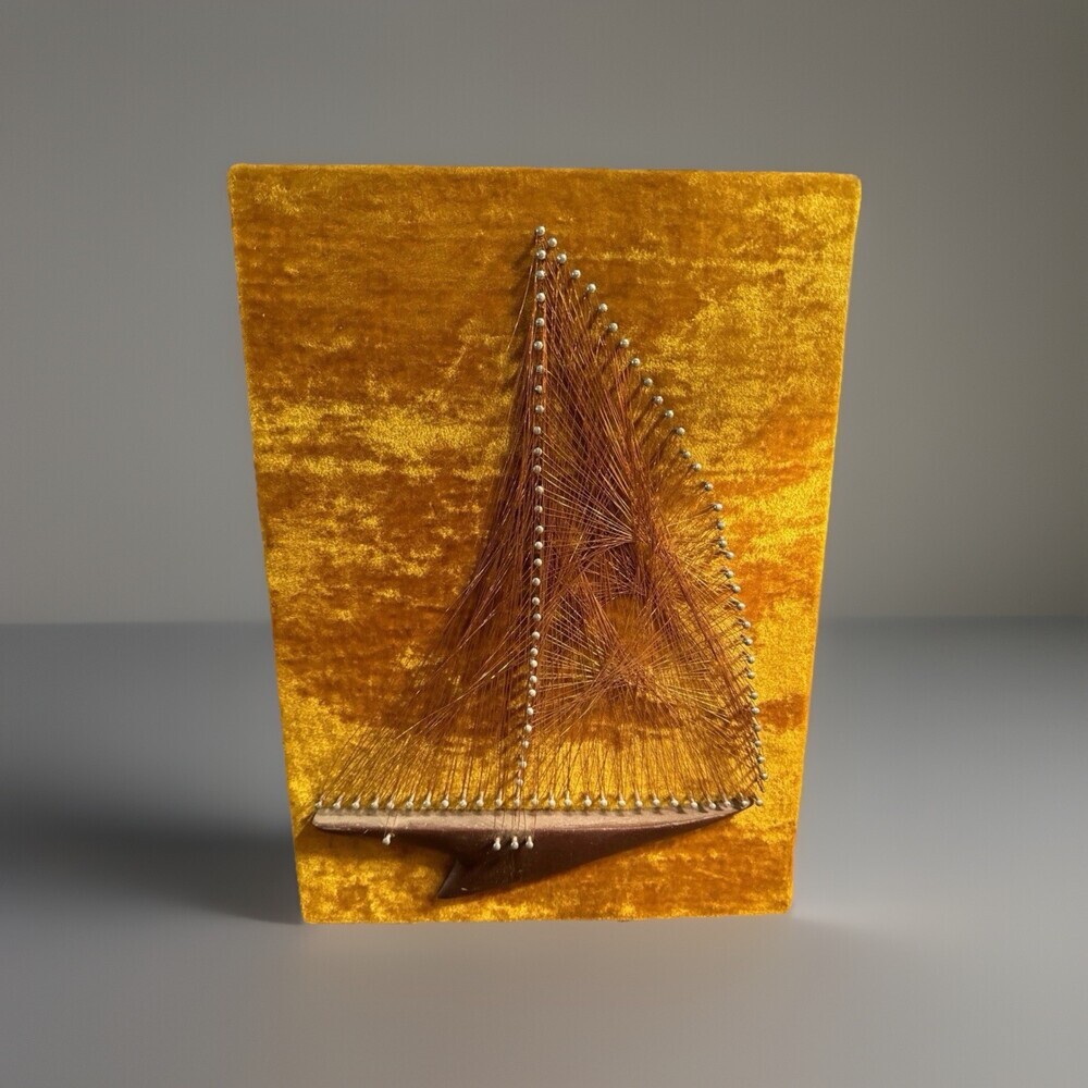 Vintage 60s70s Mid Century Nautical String Art Sailboat Velvet Wallhanging Retro